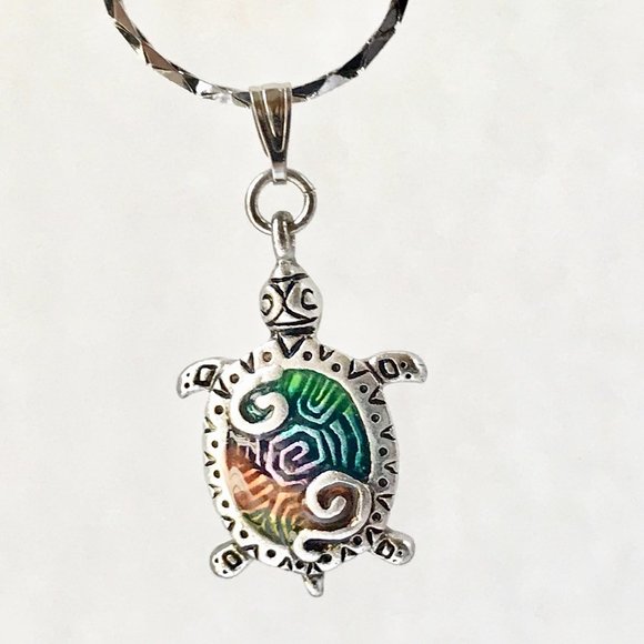 Silver Sea Turtle Pendant Necklace Colorful Enamel Plated 19" Nautical Island - Picture 12 of 14